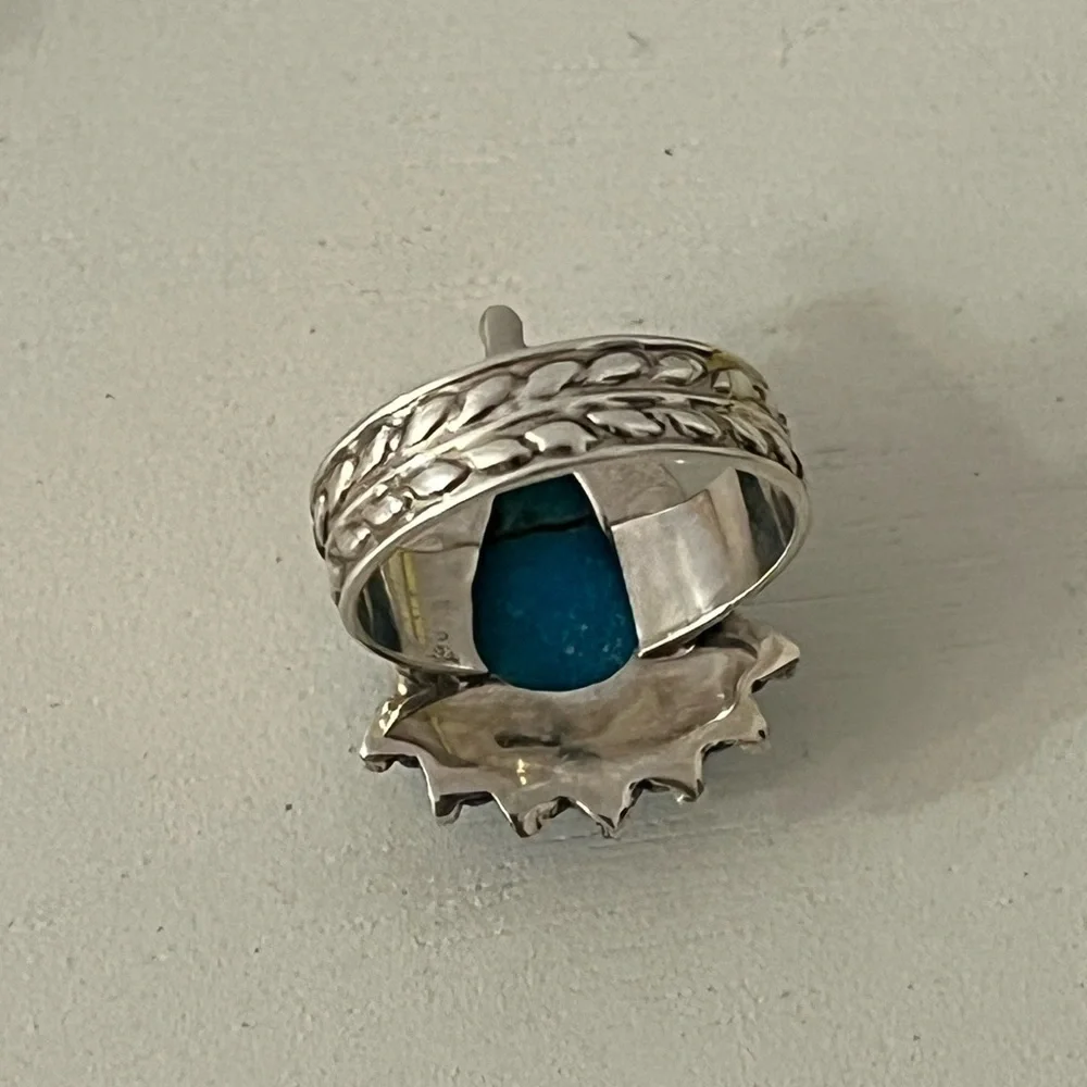 New 925 Solid Sterling Silver Turquoise and Pyrite Gemstone Ring Size 6.5